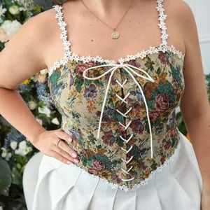 Floral print lace up cami top